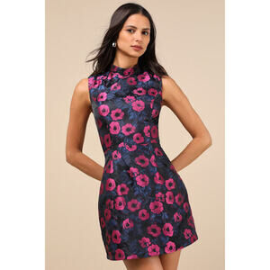 Lulus Purposed Poise Black Floral Jacquard Lace-up Mini Dress - Size M